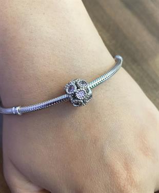 Kadın Yuvarlak Pembe Taş Model Gümüş Charm