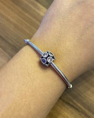 Kadın Yuvarlak Pembe Taş Model Gümüş Charm