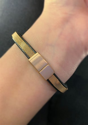 Paslanmaz Çelik Hakiki Deri Alerji Yapmaz Üzeri Örgü Model Bakır Renk Erkek Bileklik