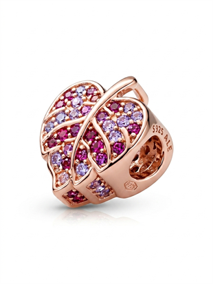 Rose Renk Yaprak Model Renkli Taşlı Gümüş Charm
