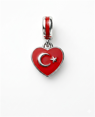 Türk Bayrağı Model Kalp Detay Gümüş Charm