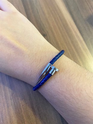 Unisex Çivi Model Gümüş Renk Detay Lacivert Bileklik