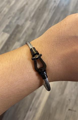 Unisex Gümüş Renk Siyah Detay Çelik Bileklik