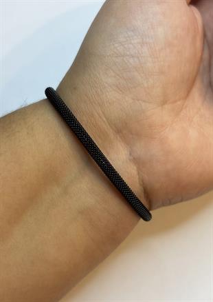 Unisex Gümüş Toka Detay Siyah Çelik Bileklik 