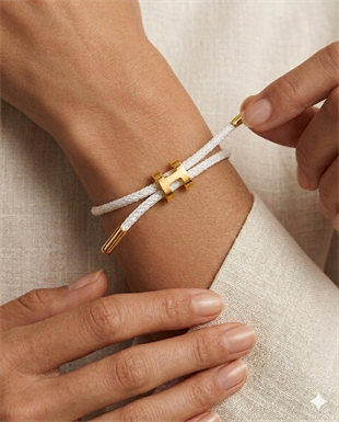 Unisex H Model Gold Renk Çelik Detay Beyaz İp Bileklik