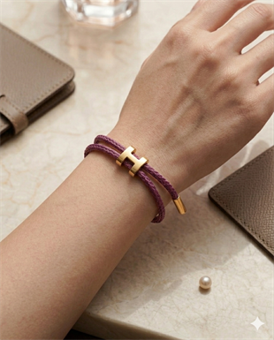 Unisex H Model Gold Renk Çelik Detay Eflatun İp Bileklik