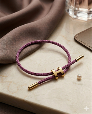 Unisex H Model Gold Renk Çelik Detay Eflatun İp Bileklik