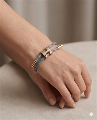 Unisex H Model Gold Renk Çelik Detay Gri İp Bileklik