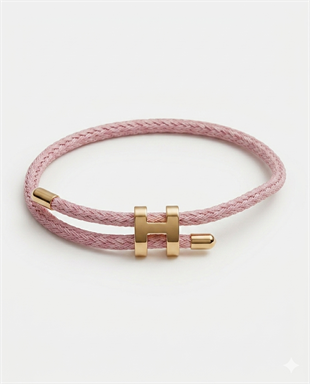 Unisex H Model Gold Renk Çelik Detay Pembe İp Bileklik