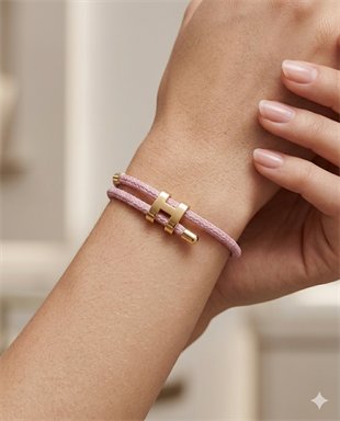 Unisex H Model Gold Renk Çelik Detay Pembe İp Bileklik