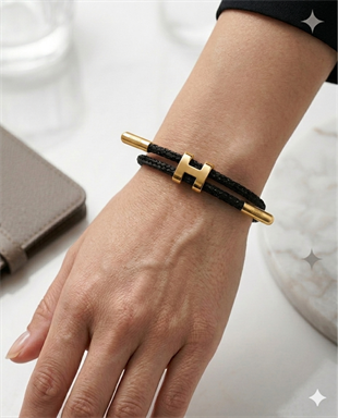 Unisex H Model Gold Renk Çelik Detay Siyah İp Bileklik