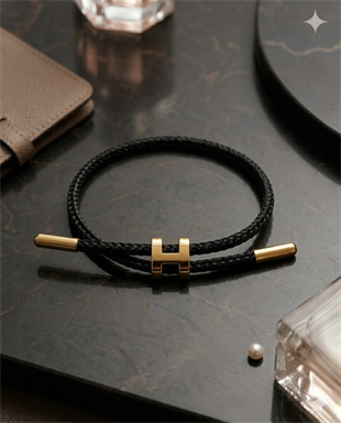 Unisex H Model Gold Renk Çelik Detay Siyah İp Bileklik