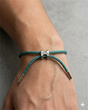 Unisex H Model Silver Renk Çelik Detay Orman Yeşili  İp Bileklik
