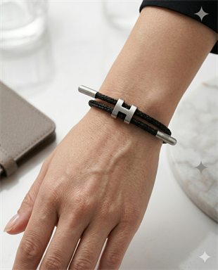 Unisex H Model Silver Renk Çelik Detay Siyah İp Bileklik