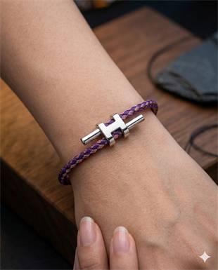 Unisex H Model Silver Renk Çelik Detay Mor ve Pembe  İp Bileklik
