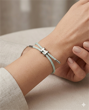 Unisex H Model Silver Renk Çelik Detay Su Yeşili İp Bileklik