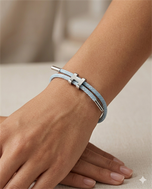 Unisex H Model Silver Renk Çelik Detay Açık Mavi İp Bileklik