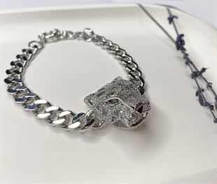 Unisex Yeşil Gözlü Kaplan Başlı Taşlı Çelik Bileklik  