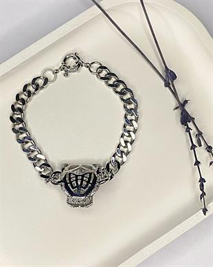 Unisex Yeşil Gözlü Kaplan Başlı Taşlı Çelik Bileklik  