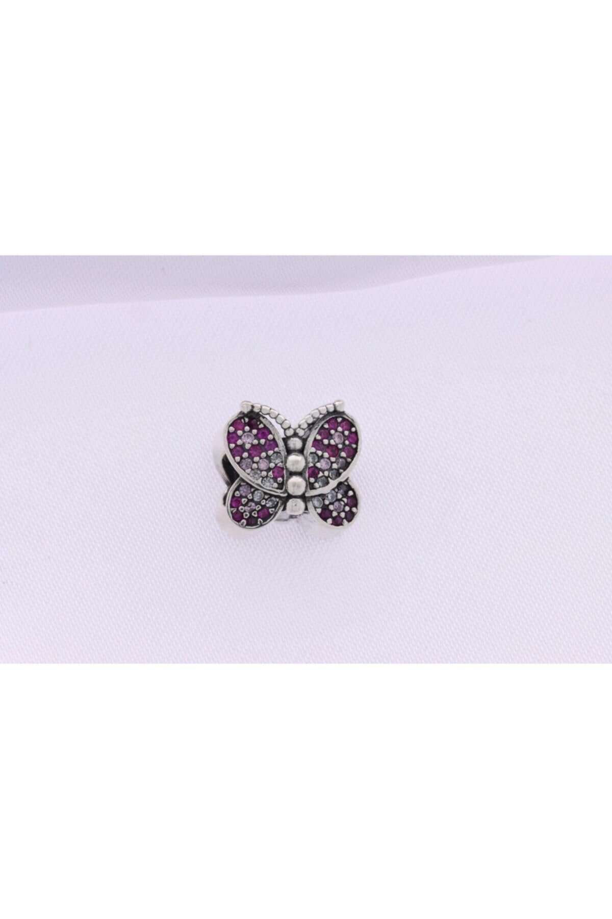 Bayan Gümüş Bileklik Uyumlu Pembe Renkli Kelebek Model Charm