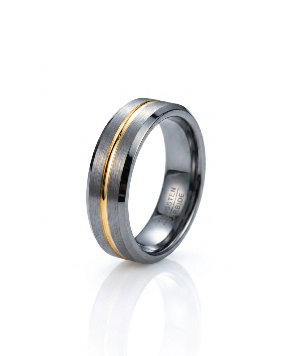 Erkek Gümüş Renk Gold Çizgi Detay 6 mm Tungsten Yüzük