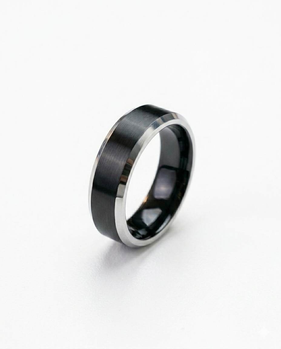 Erkek Siyah Renk Gümüş Detay 6 mm Tungsten Yüzük 