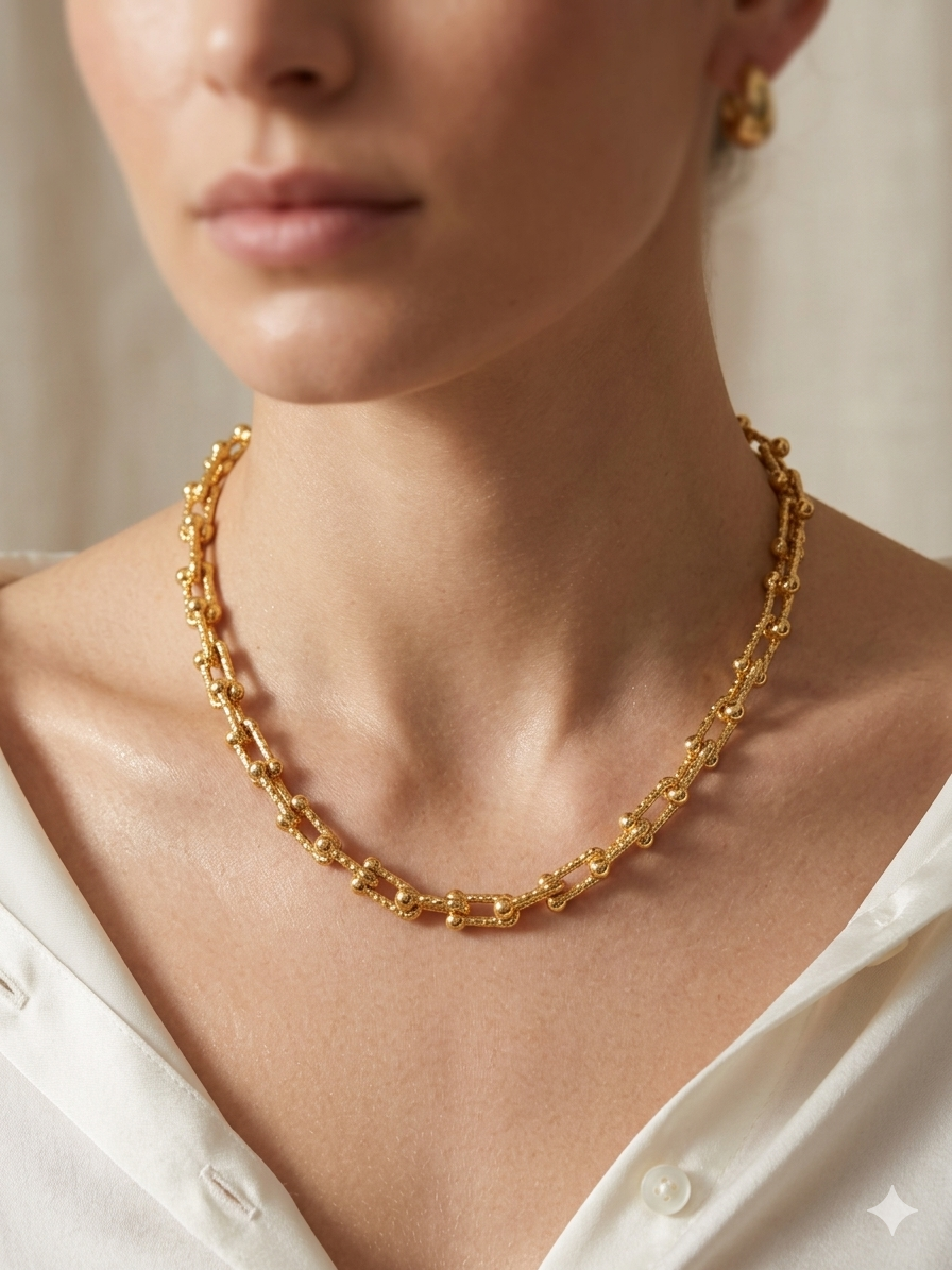 Kadın Birbirine Geçmeli Model Kendinden Desenli Gold Renk Çelik Kolye