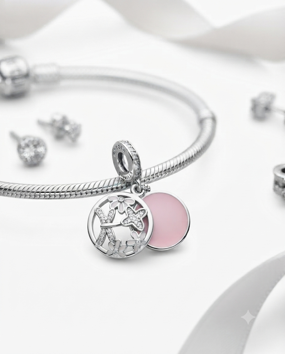Kadın Gümüş Bileklik Uyumlu Bahar Esintisi Çiçek Ve Yusufçuk Su Perisi Kelebek Model Charm