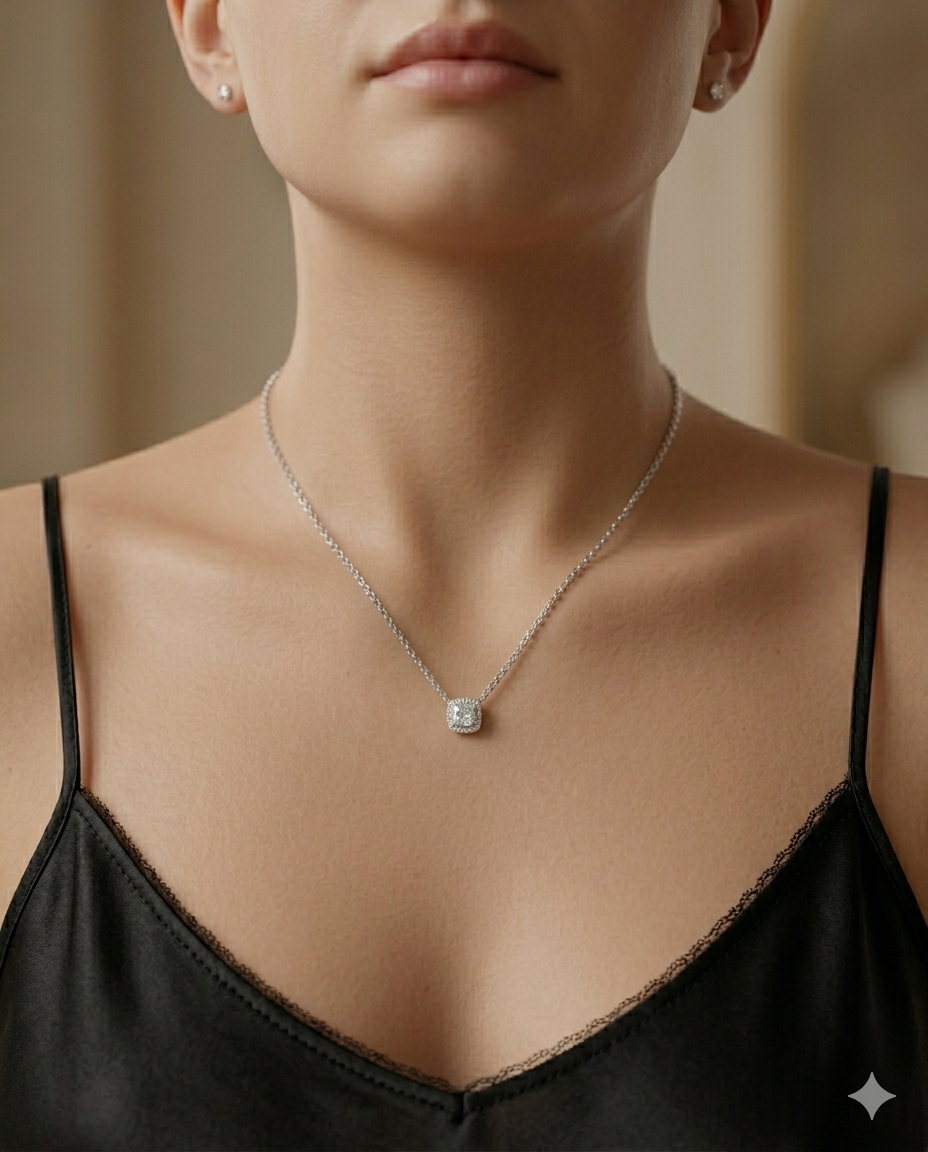 Kadın Moissanite Taş Kare ve Etrafı Taşlarla Çevrili Gümüş Kolye 