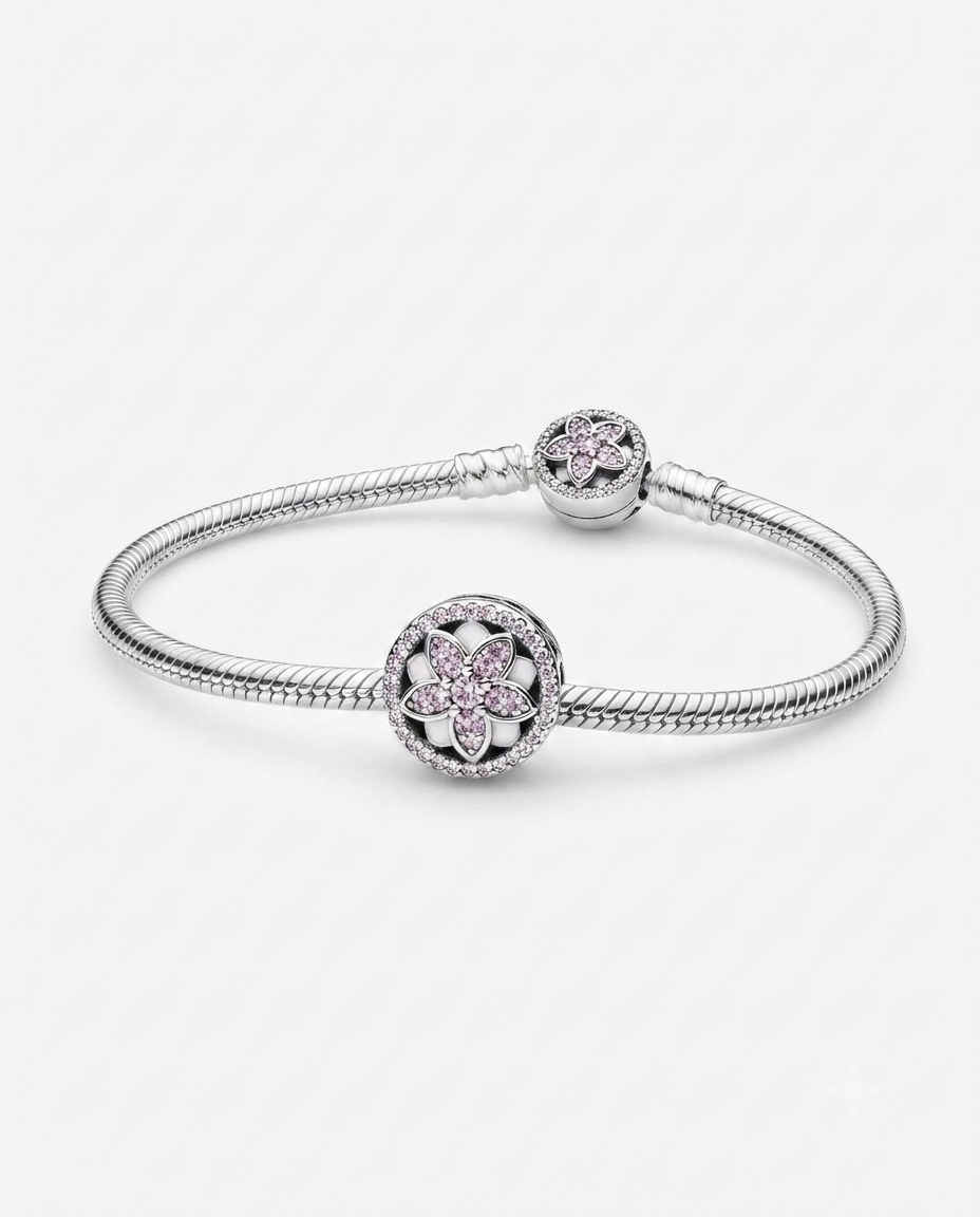 Kadın Pembe Çiçek Model Taşlı Gümüş Charm 