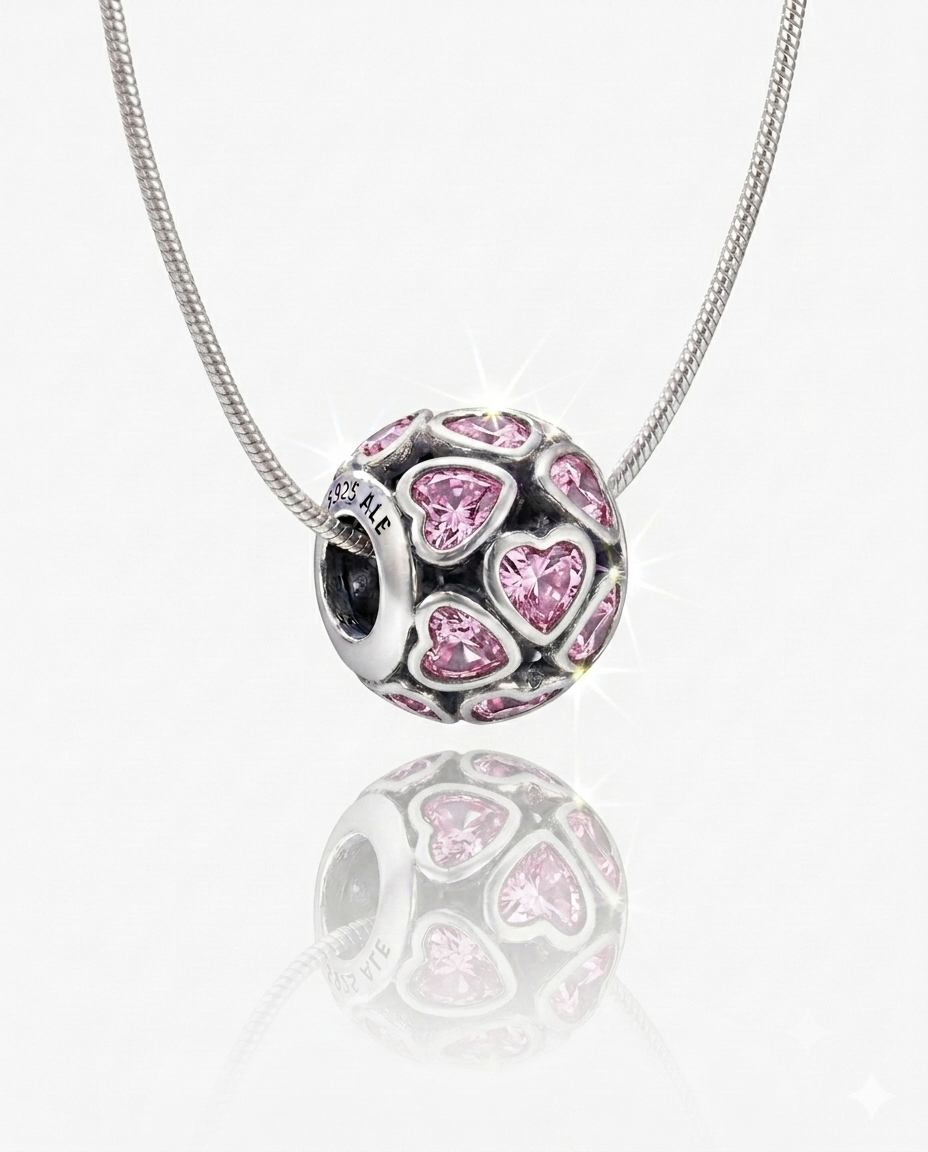Kadın Pembe Kalpler Model Yuvarlak Gümüş Charm 