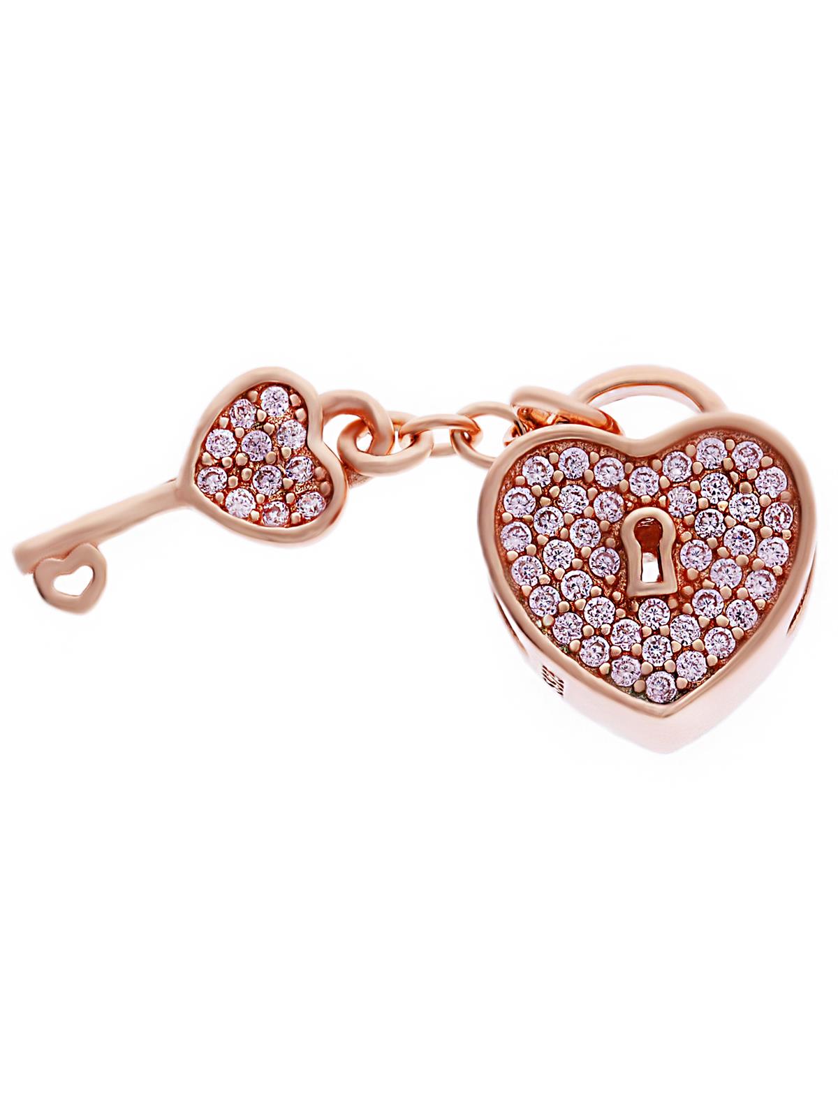 Kadın Rose Renk Kalp ve Anahtar Model Gümüş Charm