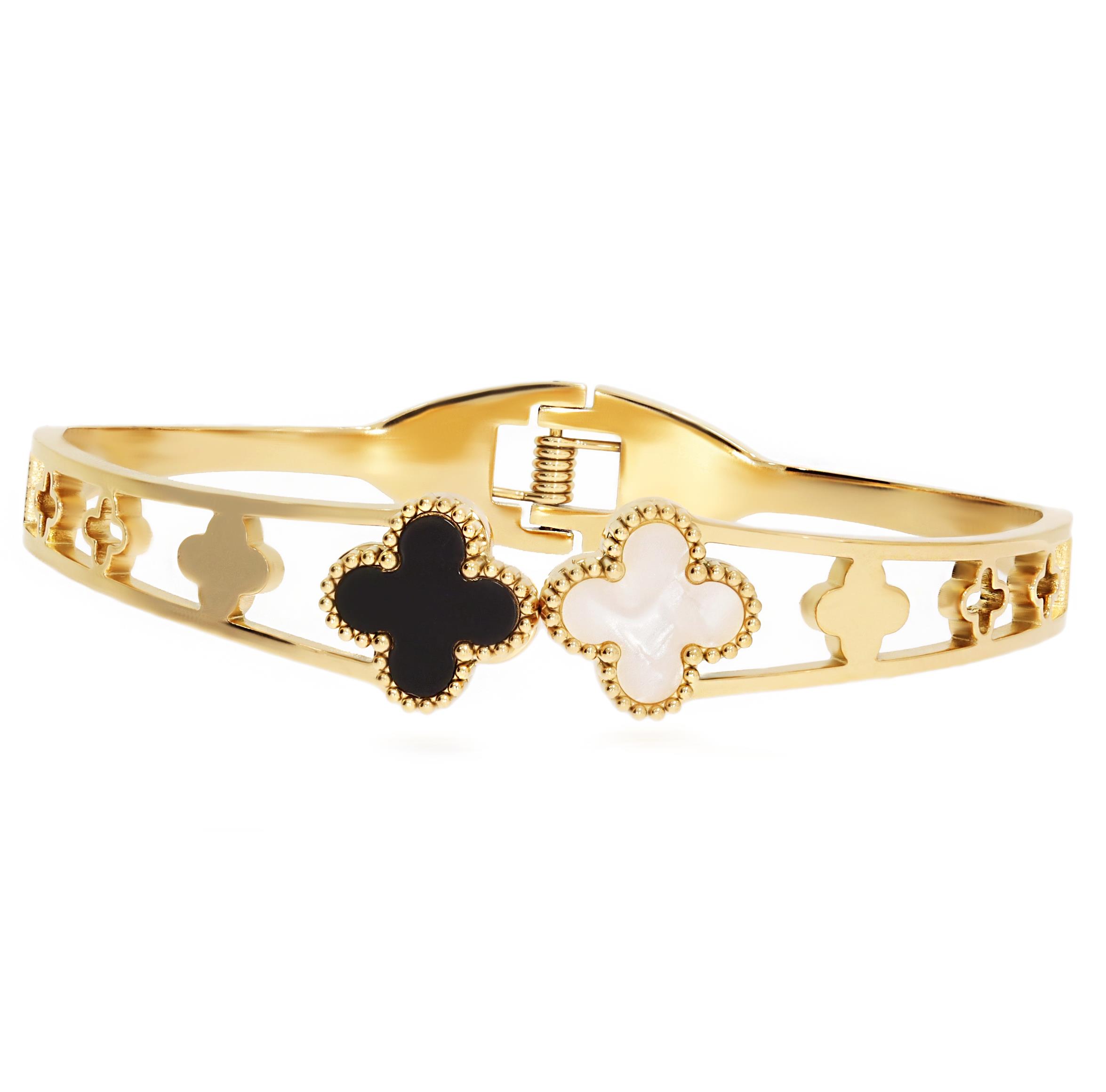 Kadın Siyah Ve Beyaz Yonca Model Çelik Bilezik