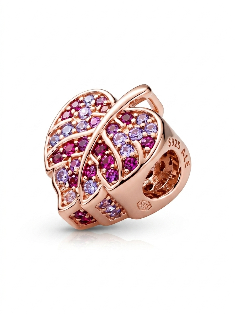 Rose Renk Yaprak Model Renkli Taşlı Gümüş Charm