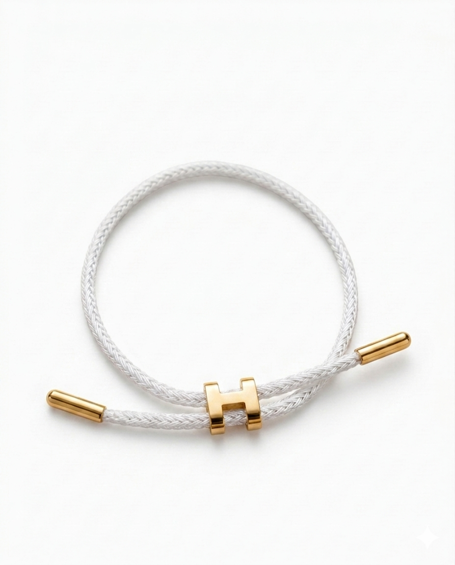 Unisex H Model Gold Renk Çelik Detay Beyaz İp Bileklik