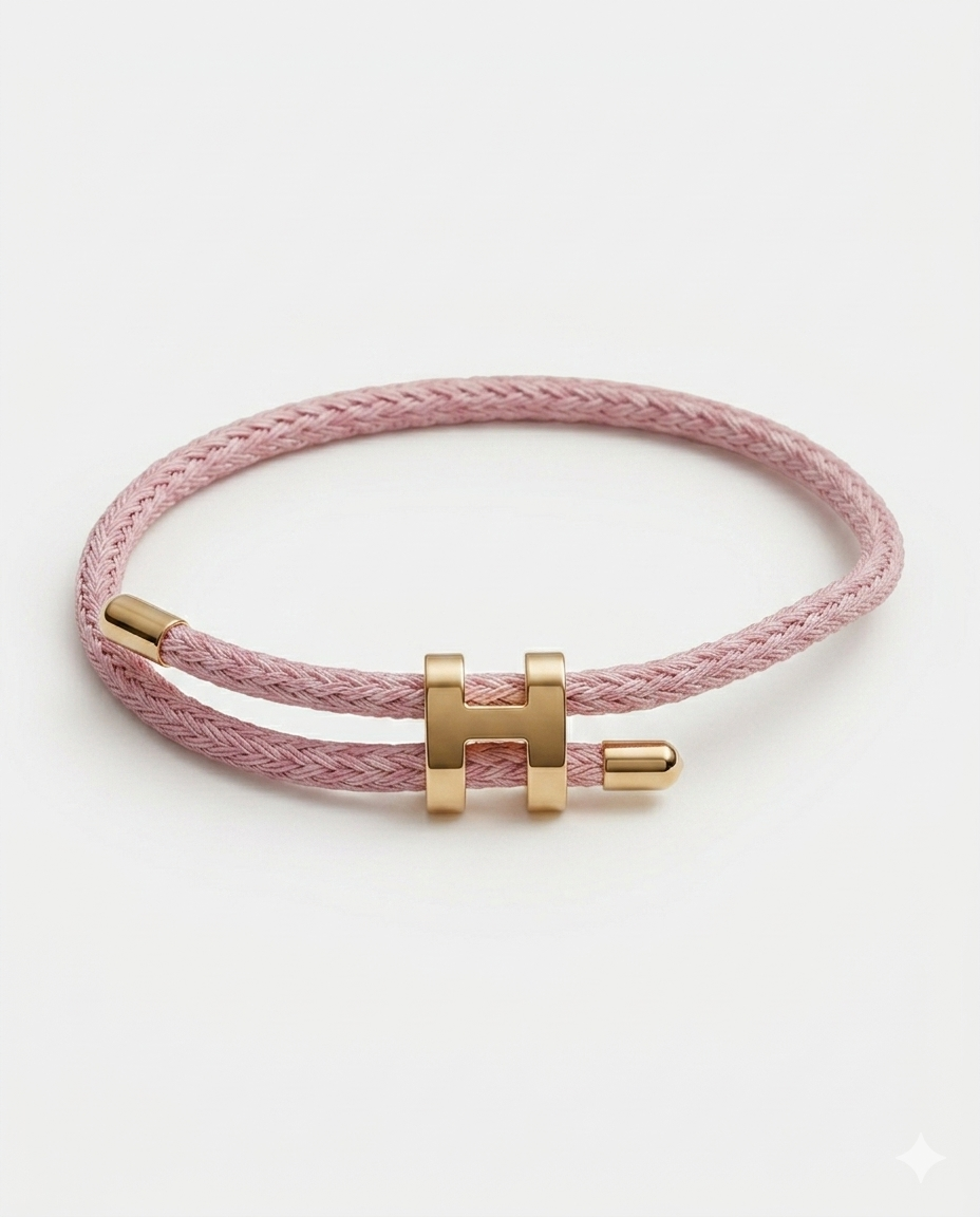 Unisex H Model Gold Renk Çelik Detay Pembe İp Bileklik