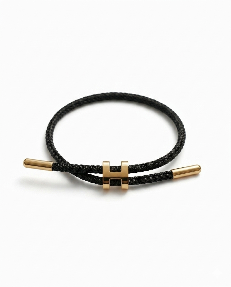 Unisex H Model Gold Renk Çelik Detay Siyah İp Bileklik
