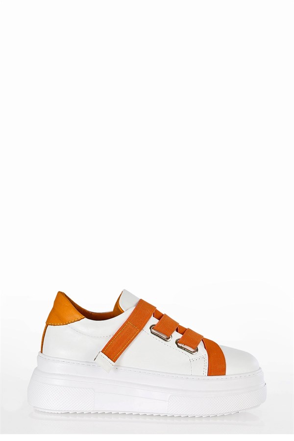 CAPELLA Beyaz Deri Oranj Lastik Detaylı Sneakers