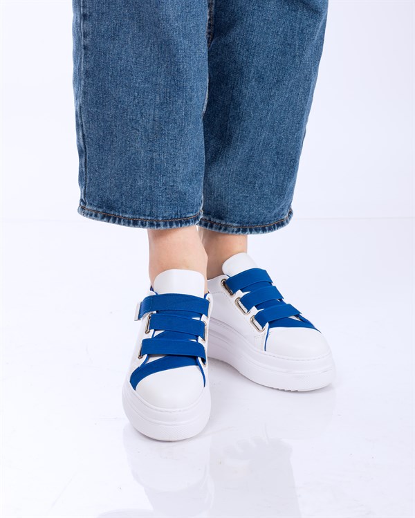 CAPELLA Beyaz Deri Saks Mavi Lastik Detaylı Sneakers