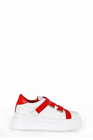 CAPELLA Beyaz Deri Kırmızı Lastik Detaylı Sneakers