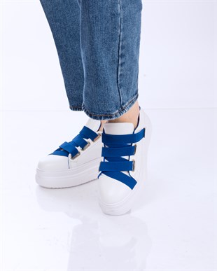 CAPELLA Beyaz Deri Saks Mavi Lastik Detaylı Sneakers