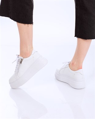 OMEGA Beyaz Deri Fermuar Detaylı Sneakers