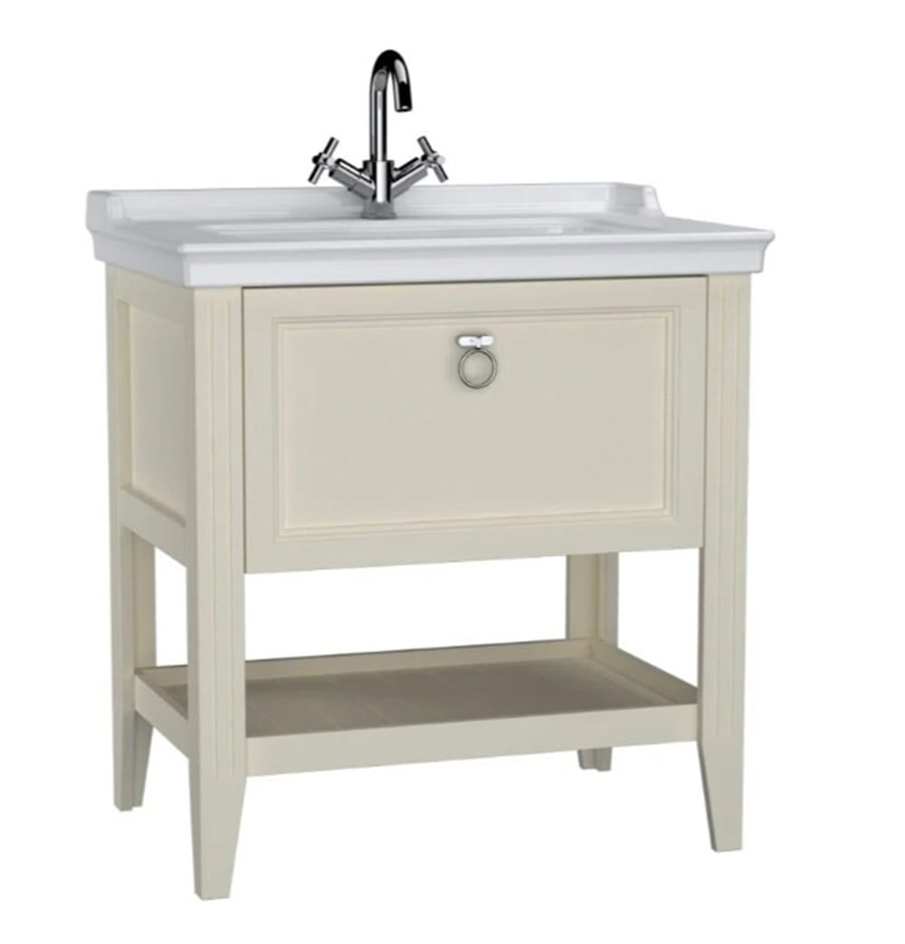 Vitra Valarte Lavabo Dolabı 80 cm Çekmeceli Etajerli Lavabolu Tek Armatür Delikli Mat Fildişi 62182