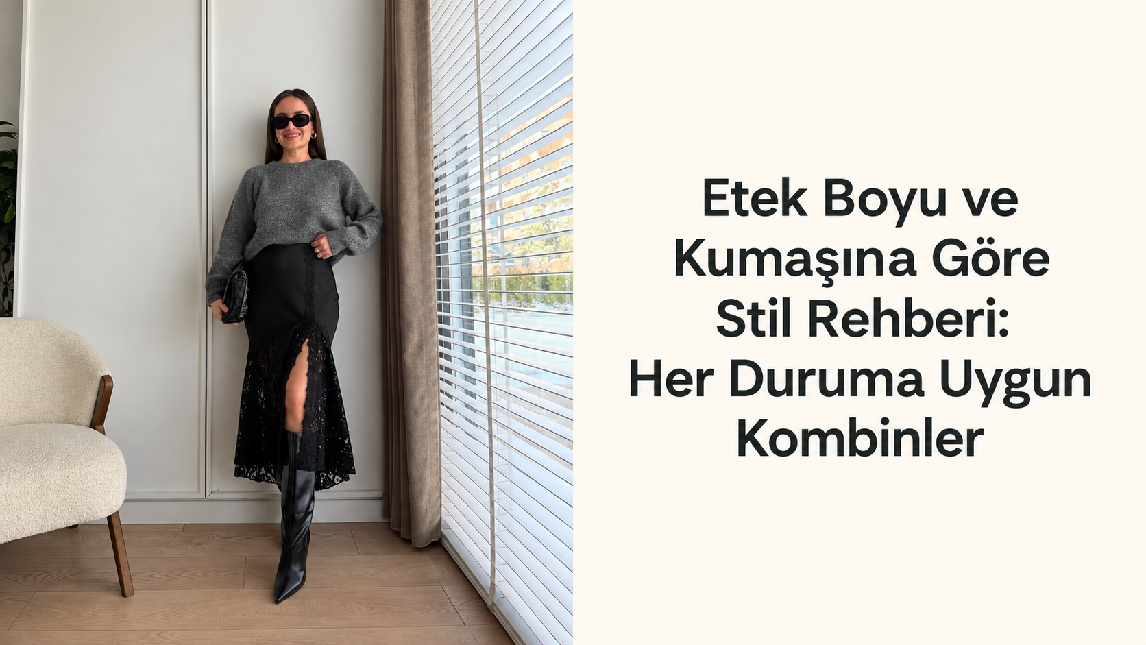 Gri kazak ve siyah dantel etek kombinleyen kadın