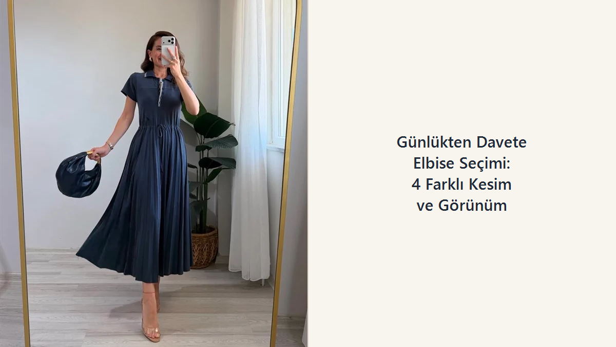Lacivert midi elbise ve siyah çanta kombinli kadın