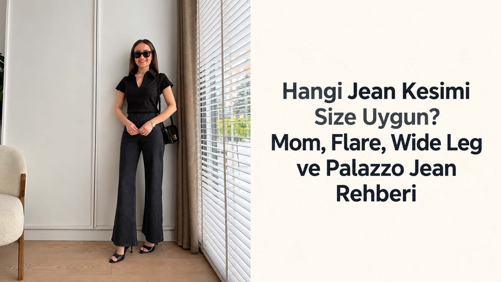 Siyah wide leg jean pantolon ve siyah bluz kombinleyen kadın