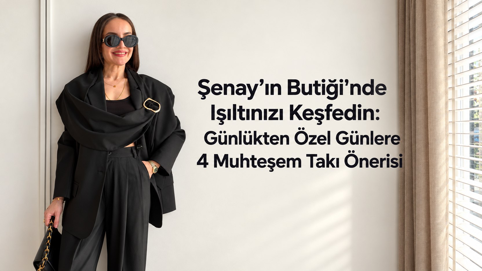Siyah kombin ve gold takılar kullanan kadın ile günlükten özel günlere takı önerileri