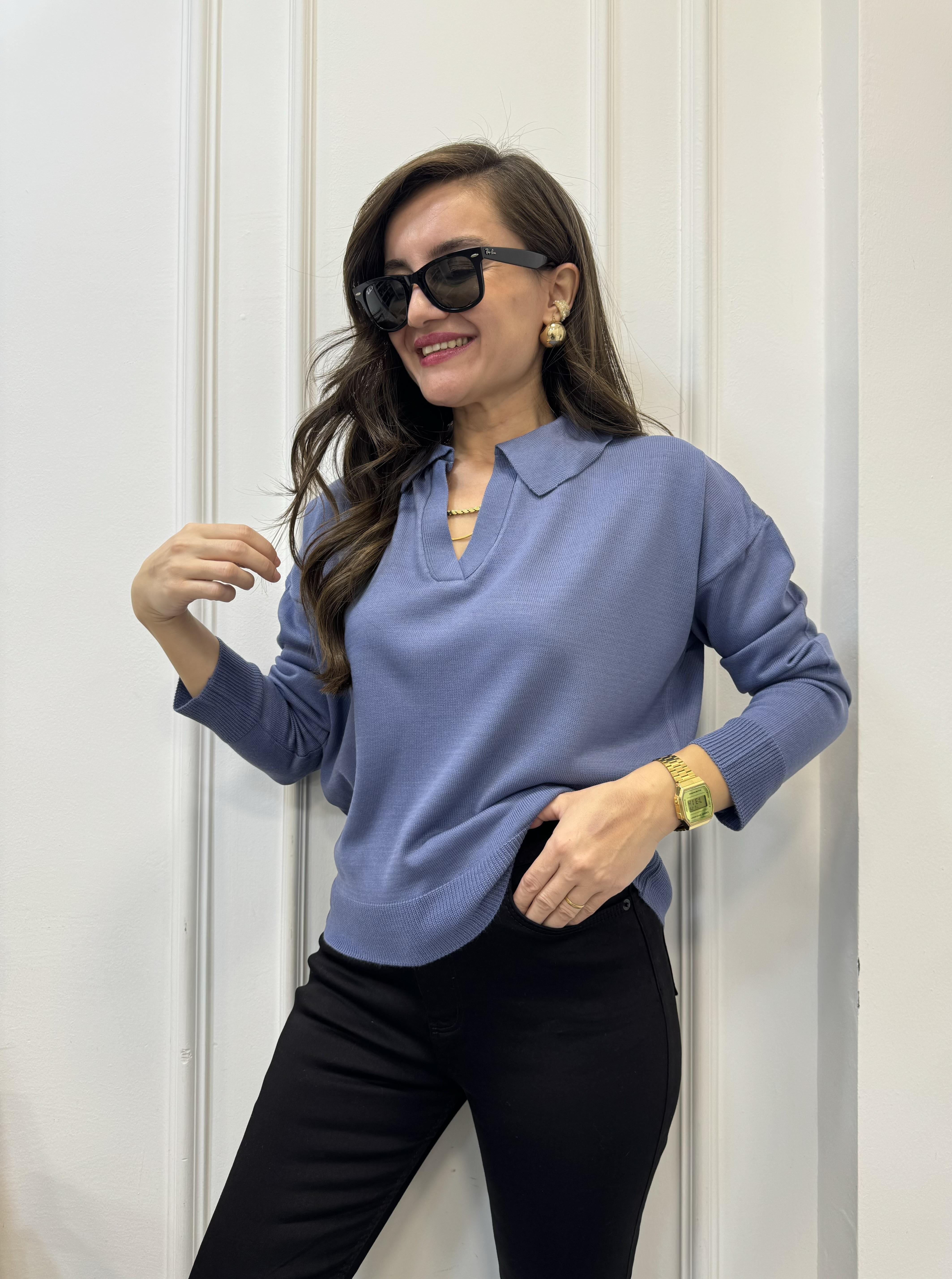 Açık indigo Polo Yaka Triko Bluz 3215
