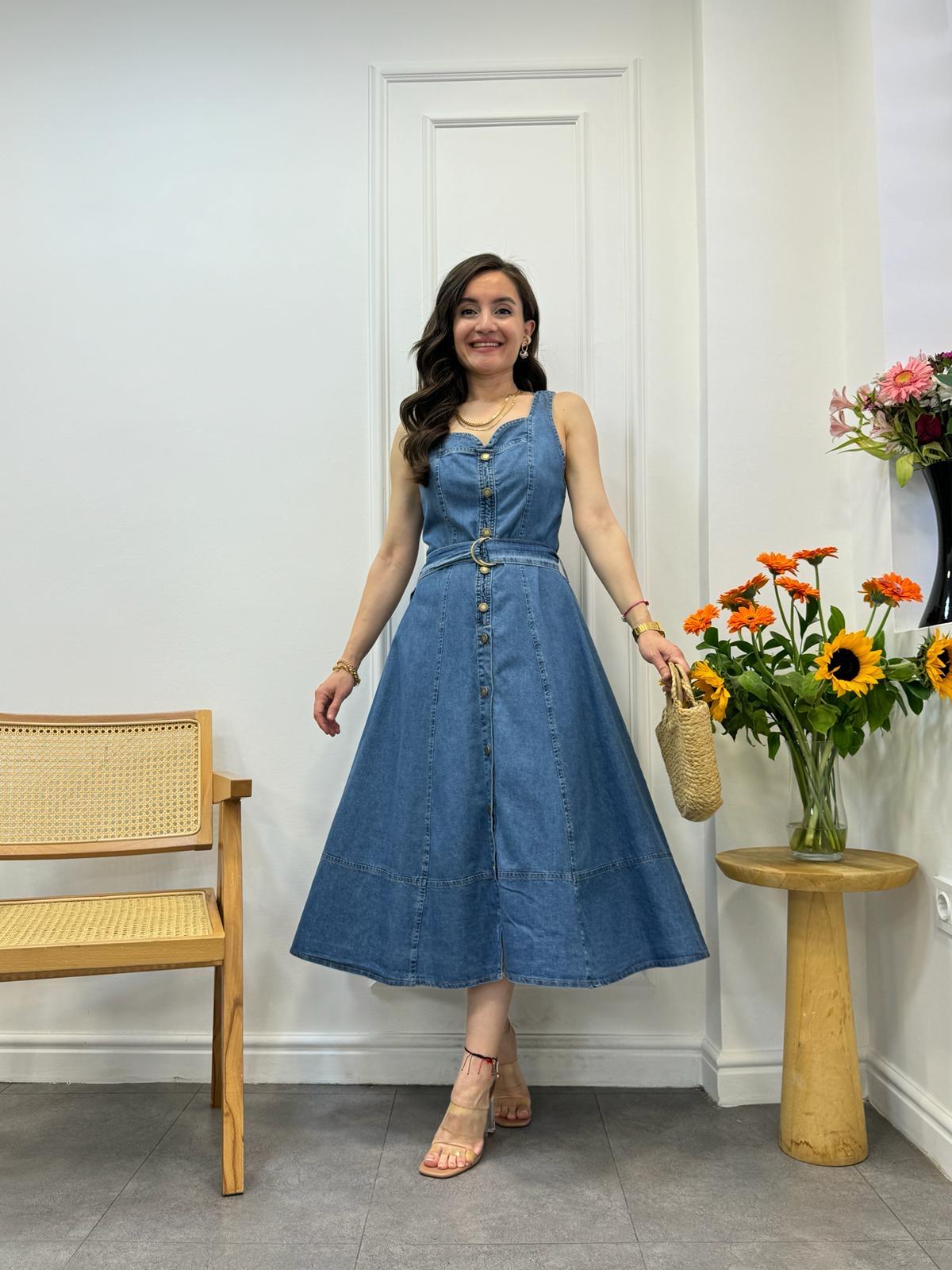 Açık mavi Kalp Yaka Kalın Askılı Jean Elbise 919