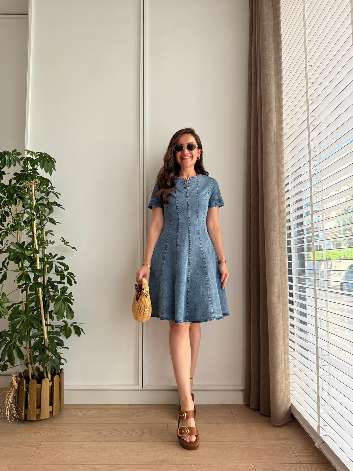 Açık mavi V Dekolte Detaylı Mini Boy Denim Elbise 2447